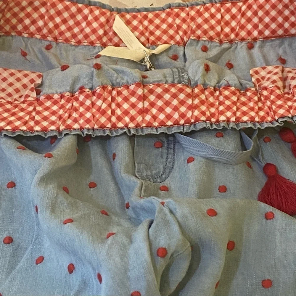 Matilda‎ Jane New Large Shorts Cameron Blue Chambray with Red Polka Dots Dobby